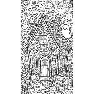 Detailed Halloween coloring page for kids, a house covered in candy and lollipops with a ghost nearby, intricate detail and background for older kids ages 9 and up