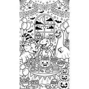 Detailed Halloween coloring page for kids, three dinosaurs in costumes celebrating with party treats, intricate detail and background for older kids ages 9 and up