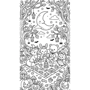 Detailed Halloween coloring page for kids, a fox, rabbit, bear, and owl having a forest picnic under the moon, intricate detail and background for older kids ages 9 and up