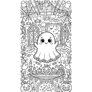 Detailed Halloween coloring page for kids, a ghost floating in a decorated room with a fireplace and spiderwebs, intricate detail and background for older kids ages 9 and up