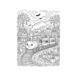 Detailed Halloween coloring page for kids, a jack-o-lantern train riding through a Halloween village, intricate detail and background for older kids ages 9 and up