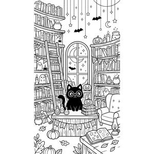 Detailed Halloween coloring page for kids, a black cat wearing glasses in a cozy spell library, intricate detail and background for older kids ages 9 and up