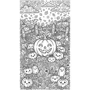 Detailed Halloween coloring page for kids, a big smiling jack-o-lantern in a leafy pumpkin patch, intricate detail and background for older kids ages 9 and up