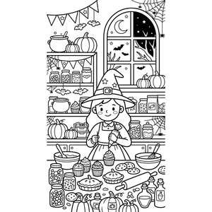 Detailed Halloween coloring page for kids, a witch decorating cupcakes and pies in a kitchen, intricate detail and background for older kids ages 9 and up