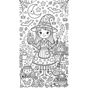 Detailed Halloween coloring page for kids, a witch holding a potion bottle and a sparkling wand, intricate detail and background for older kids ages 9 and up