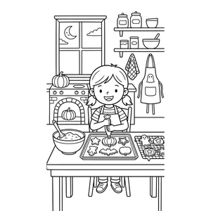 Halloween coloring page for kids, a girl decorating a tray of Halloween cookies in the kitchen, moderate detail for kids ages 6-9