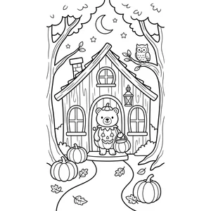 Halloween coloring page for kids, a bear cub in a pumpkin costume trick-or-treating at a cottage, moderate detail for kids ages 6-9