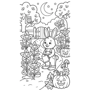 Halloween coloring page for kids, a rabbit watering a garden of jack-o-lantern flowers, moderate detail for kids ages 6-9