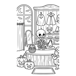 Halloween coloring page for kids, a skeleton helping a trick-or-treater pick a costume in a shop, moderate detail for kids ages 6-9