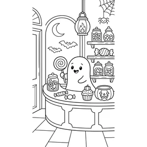 Halloween coloring page for kids, a ghost behind a candy shop counter with jars of sweets, moderate detail for kids ages 6-9