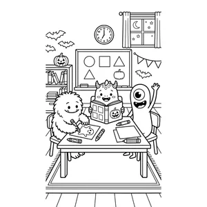 Halloween coloring page for kids, three friendly monsters drawing and reading in a classroom, moderate detail for kids ages 6-9