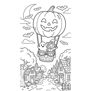 Halloween coloring page for kids, a ghost and a witch floating in a jack-o-lantern hot air balloon, moderate detail for kids ages 6-9