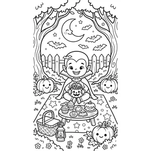 Halloween coloring page for kids, a vampire kid having a picnic in the garden with bats overhead, moderate detail for kids ages 6-9