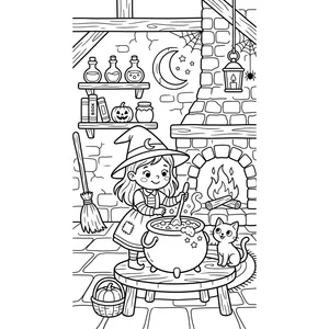 Halloween coloring page for kids, a witch stirring a cauldron beside a fireplace with a black cat, moderate detail for kids ages 6-9