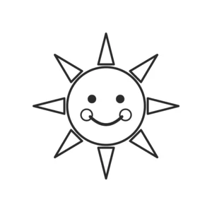 Simple smiling sun coloring page for kids, eight pointed rays, thick black outlines